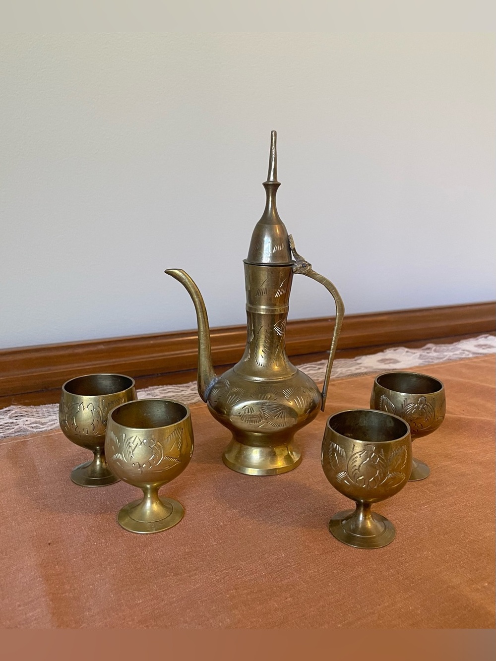 Vintage Brass Etched Ewer & Goblet Set | Small Tea Service